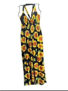 A82 FUYUKAI Sunflower Print Smocked V neck Maxi Dress - Black & Yellow NWT S/M